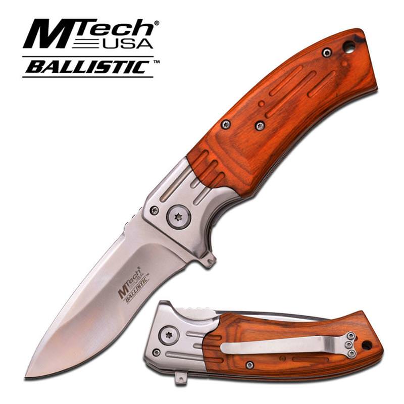 Mtech Brown Wood Silver Plain Blade Spring Assisted Knife EDC - Tophatter's Army Products & Self Defense Collectible Weapons - Tophatter Daily Deals